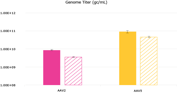 Viral Vector Productivity in Bioreactor Figure 6. VirusExpress® 293 AAV Production Cells - AAV2 and AAV5 crude harvest genome titers (gc/mL) titers of GFP model virus in Mobius® 3L Single-use Bioreactors (solid color bars) and in shake flasks (striped color bars) using PEI based transfection. For AAV2 - n=6 for bioreactor and n=9 for SF; for AAV5, n=3 for bioreactor and n=6 for SF.