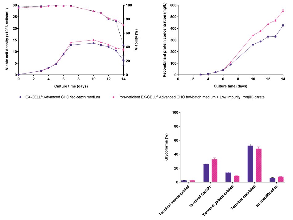 No differences were observed in viable cell density, viability, or recombinant protein concentration for CHOZN® fusion protein 2 when cultured either in EX-CELL® Advanced CHO Fed-Batch medium or in iron-deficient EX-CELL® Advanced CHO Fed-Batch medium supplemented with Low impurity Iron(III) citrate for Cell Culture Media. However, differences were observed in the glycosylation pattern.