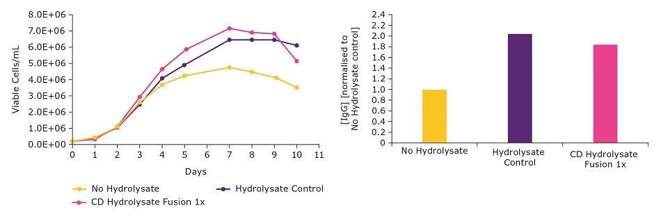 Effect of hydrolysate on viable cell density and titer Effect of hydrolysate on viable cell density and titer