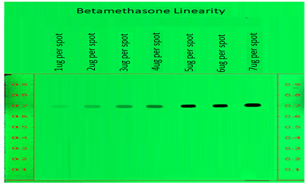 A thin-layer chromatography (TLC) plate, visualized under UV light at 254 nm, displays a vibrant green background. Both edges of the plate have 9 red markings from 0.1 to 0.9 cm at 0.1 cm intervals. A line is drawn across the top at the 1 cm mark, with tracks labeled above it. The plate shows seven distinct spots, with the spots becoming more intense from left to right, confirming the increase in the concentration of betamethasone. The seven labeled as 1 µg, 2 µg, 3 µg, 4 µg, 5 µg, 6 µg, and 7 µg (from left to right. These spots are positioned same, just below the Rf value of 0.7 and stand out clearly against the florescent green background.