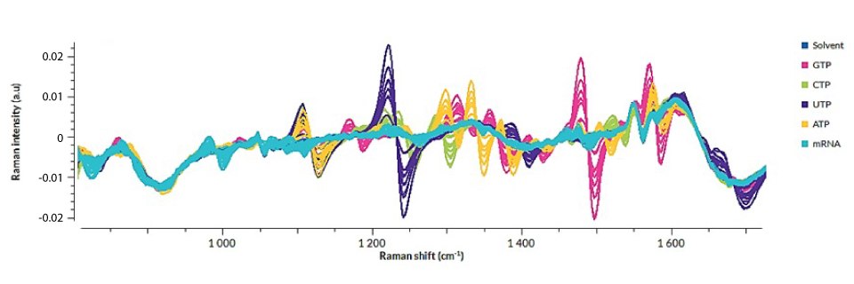 Raman plot with preprocessed spectra colored according to molecules, confirming specificity of the method Raman plot with preprocessed spectra colored according to molecules (GTP, CTP, UTP, ATP, mRNA, solvent only), confirming specificity of the method.