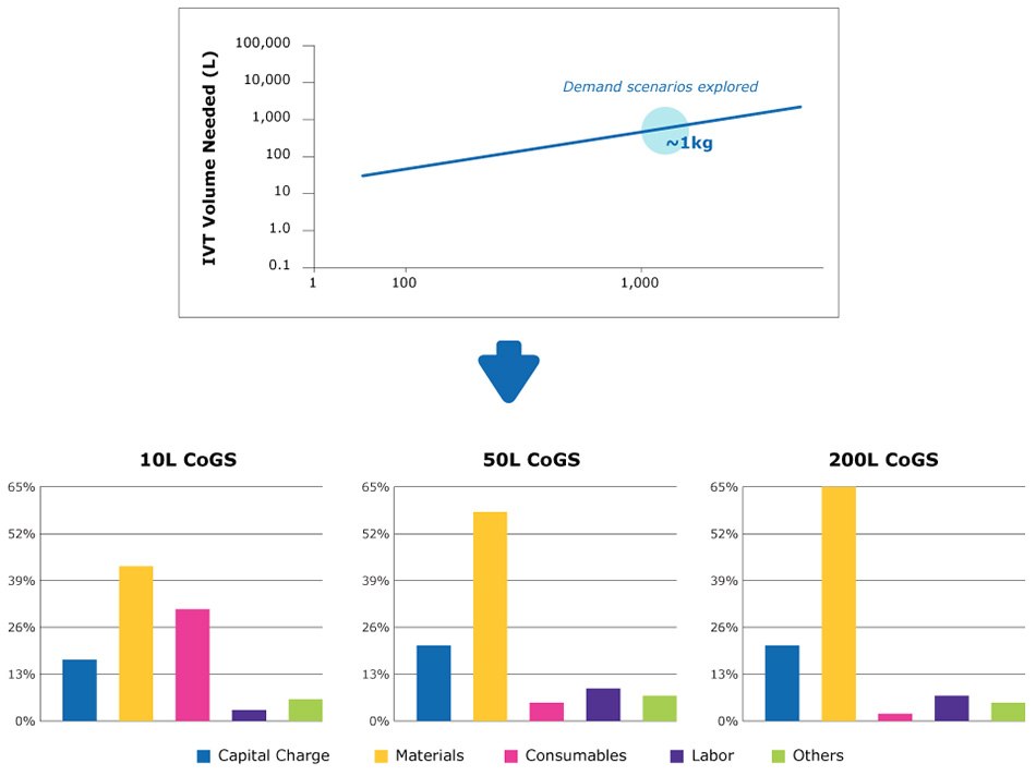 Costs for annual demand of ~1 kg of mRNA Strategies for meeting a high forecasted annual mRNA demand.