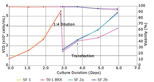 Cell growth and viability of VirusExpress® 293T cells in 50 L bioreactor Cell growth and viability of VirusExpress® 293T cells in 50 L bioreactor versus shake flakes