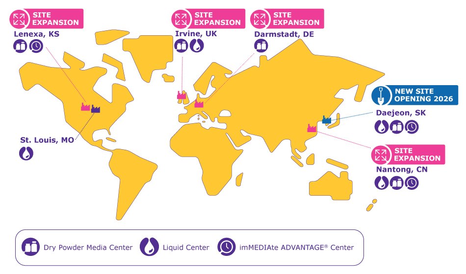 Dry powder media are made in Lenexa (USA), Irvine (UK), Darmstadt (Germany), Nantong (China), and Daejeon (South Korea). Liquid media are produced in St. Louis (USA), Irvine (UK), Nantong (China), and Daejeon (South Korea). Our sites in Lenexa (USA), Nantong (China), and Daejeon (South Korea) also offer our imMEDIAte ADVANTAGE^®^ service for pre-GMP, small-scale custom media, feeds, supplements, and buffers. Dry powder media are made in Lenexa (USA), Irvine (UK), Darmstadt (Germany), Nantong (China), and Daejeon (South Korea). Liquid media are produced in St. Louis (USA), Irvine (UK), Nantong (China), and Daejeon (South Korea). Our sites in Lenexa (USA), Nantong (China), and Daejeon (South Korea) also offer our imMEDIAte ADVANTAGE^®^ service for pre-GMP, small-scale custom media, feeds, supplements, and buffers.