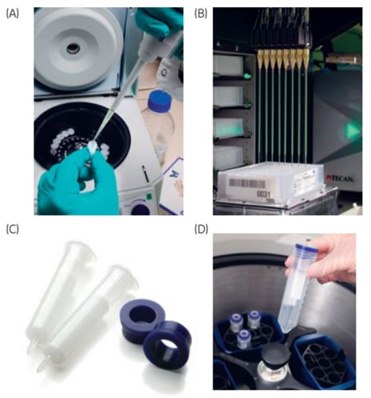 (A) PD SpinTrap™ G-25 sample preparation. (B) PD MultiTrap™ G-25 sample automated preparation in a robotic system. (C and D) Spin Adapters are used together with PD-10 Desalting Columns, PD MidiTrap™ G-25, and PD MiniTrap™ G-25 in a standard centrifuge. Small-scale desalting of samples