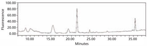 HPLC profile of the 2‑AA labeled N-linked glycan library obtained from bovine fetuin. The glycans were cleaved from the glycoprotein using the Enzymatic Protein Deglycosylation Kit (Cat. No.<a href="/product/sigma/EDEGLY"> EDEGLY</a>). HPLC profile of the 2‑AA labeled N-linked glycan library