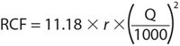 Formula for relative centrifugal force (RCF). A mathematical equation showing the formula to calculate RCF (Relative Centrifugal Force) as “RCF = 11.18 x r x (Q/1000)^2"