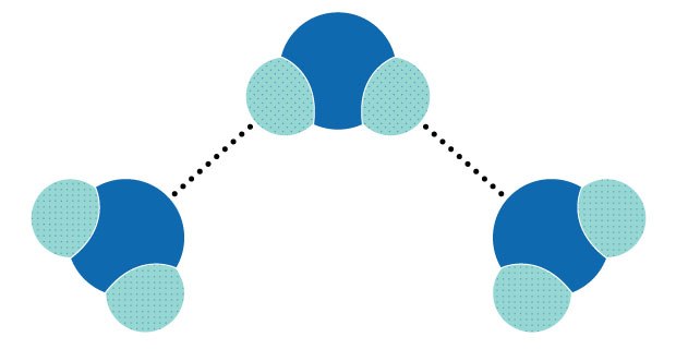 Hydrogen bonding between water molecules Diagram showing the concept of hydrogen bonding between three water molecules. Hydrogen bonds are represented by dotted lines between hydrogen and oxygen atoms