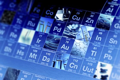 Inorganic elements in tap water A close-up view of a periodic table featuring various elements, with images representing selected elements, set against a blue background.