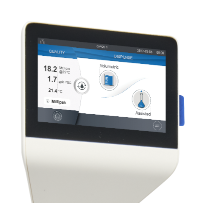 Q-POD screen displaying resistivity, TOC, and temperature of ultrapure water Screen of a Q-POD showing resistivity (18.2 MΩ cm), TOC (1.7 ppb), and temperature (21.4 °C) of ultrapure water