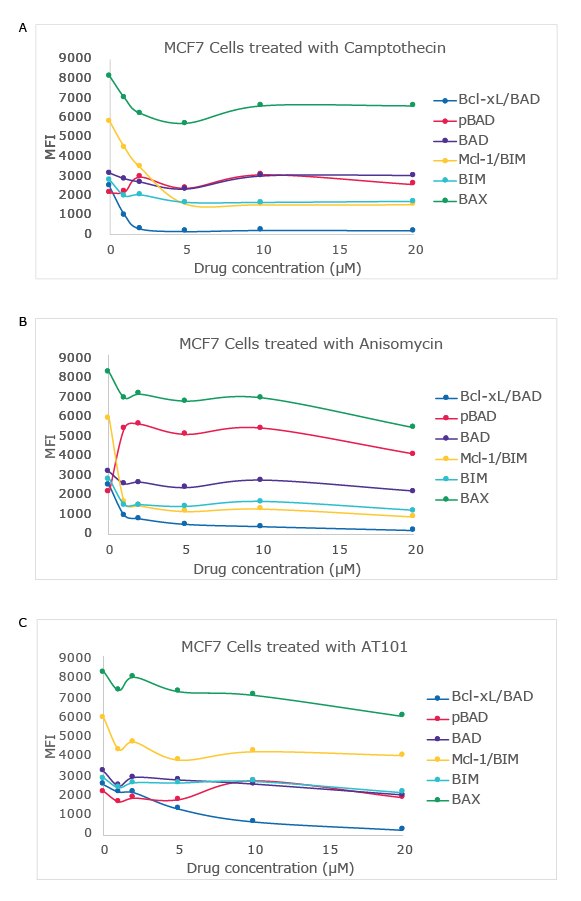Drug Dose-Dependent Study in MCF7 Cell Line Using the MILLIPLEX® Bcl-2 Family Apoptosis Panel 1 Graphs showing a drug dose-dependent study in MCF7 cell line using the MILLIPLEX® Bcl-2 Family Apoptosis Panel 1 (Cat. No. 48-682MAG) with varying concentrations of camptothecin, anisomycin, and AT101. Analytes and protein interactions measured include Bcl-xL/BAD, pBAD, BAD, MCL-1/BIM, BIM, and BAX.