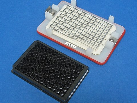 Handheld Magnetic Bead Washer Separator Block Image of the Handheld Magnetic Separator Block (Cat. No. 40-285) for 96-well flat bottom or conical well plates with 9 magnets surrounding each well to secure magnetic beads.