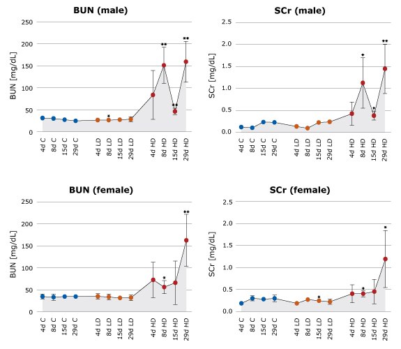 Time Course of BUN and SCr Levels in High-Dose Vancomycin Treatment Graphs showing high-dose treatment of vancomycin caused significant increases in BUN and SCr in both male and female rats. No significant changes were observed in low-dose treatment.