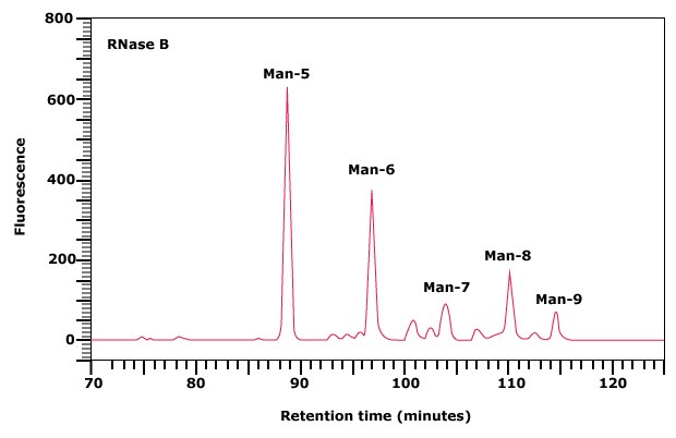 Normal phase HPLC profile of the 2‑AB labeled N-linked glycan library obtained from RNase B Normal phase HPLC profile of the 2‑AB labeled N-linked glycan library obtained from RNase B
