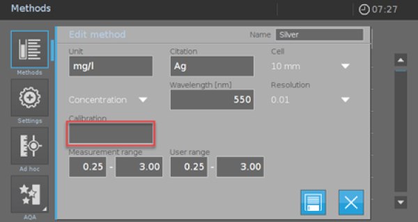 User-defined Method Picture 2 The screen of the Spectroquant® Prove 100 spectrophotometer, illustrating the second step in programming a user-defined method. Four options are presented in columns on the left: Methods, Settings, Ad hoc, and ADA, each accompanied by its respective icon. Currently, the "Methods" option is selected, and the screen displays a pop-up titled "Edit Method," prompting the user to input details such as unit, concentration, citation, and wavelength. Additionally, there are options to enter cell and resolution information via dropdown menus. Under the concentration section, details required include calibration, measurement range, and user range. At the bottom right of the pop-up, there are two blue-colored buttons—one with a cross mark and the other with a floppy disk icon.