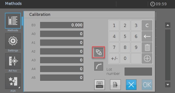 User Defined Method Picture 3 The screen of the Spectroquant® Prove 100 spectrophotometer, demonstrating the second step in programming a user-defined method. Four options are presented in columns on the left: Methods, Settings, Ad hoc, and ADA, each with its respective icon. Currently, the calibration screen is open, prompting the user to enter details for calibration A0, A1, A2, A3, A4, and A5. On the right side, a number pad is provided to input numbers into the required fields. Additionally, there is an entry field for the Lot number. At the bottom right corner, four options are arranged in a row: two blue buttons with icons of a cross and OK, and on the left of these, two grey icons.