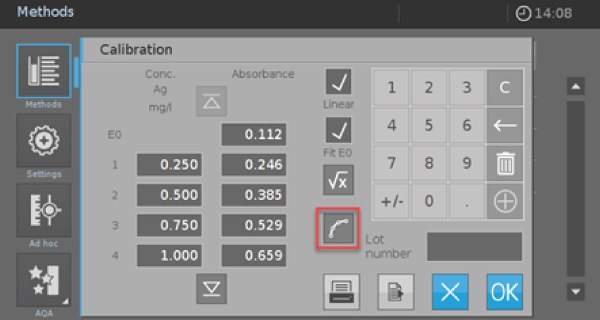 User defined method picture 5 The screen of the Spectroquant® Prove 100 spectrophotometer, demonstrating the second step in programming a user-defined method. Four options are presented in columns on the left: Methods, Settings, Ad hoc, and ADA, each with its respective icon. Currently, the calibration screen is open, prompting the user to enter red marked icon to enter the screen for the value pairs. To check the linearity of the performed calibration, click on the Icon shown in red. On the right side, a number pad is provided to input numbers into the required fields. Additionally, there is an entry field for the Lot number. At the bottom right corner, four options are arranged in a row: two blue buttons with icons of a cross and OK, and on the left of these, two grey icons.