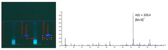 Slide and graph of developed plate at 366 nm and mass spectrum of quinine in tonic water. Slide and graph of developed plate at 366 nm and mass spectrum of quinine in tonic water.