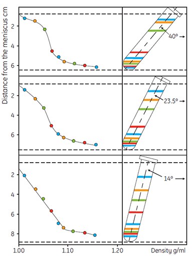 The effect of rotor angle on gradient development using Percoll. Starting density was 1.065 g/mL in 0.15 M NaCl. Running conditions: 30 000 × g for 14 min. Colored lines refer to the positions of the colored Density Marker Beads (45, reproduced by kind permission of the authors and the publisher). The effect of rotor angle on gradient development
