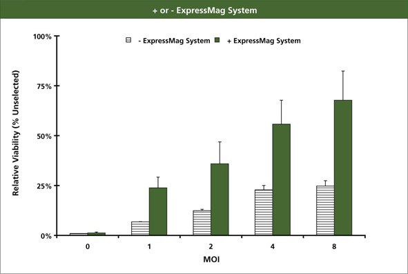 Cells were transduced with SHC002V with either standard polybrene lentiviral transduction or with ExpressMag beads at the MOI indicated on the x-axis. On day 4 cells were assayed for viability and normalized to cells that were neither transduced nor selected in puromcyin. 100% Viability would indicate perfect transduction and 0% would indicate no transduction. Plus or Minus ExpressMag System