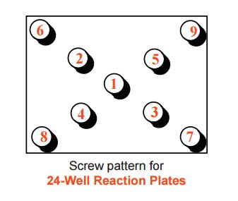 Two solvents (Dioxane, DMAc), strong base (NaOt-Bu) Step-by-Step Guide for Buchwald-Hartwig Amination Reaction Screening Kit A screw pattern for 24-Well Reaction Plates. There are nine numbered circles arranged in a three-by-three grid pattern, indicating the order of screwing in a plate. The numbers are not in sequential order; they start from the top left with number 6, then move to the middle left with number 2, followed by bottom left number 8, top middle number 1, center with number 5, bottom middle with number 3, top right with number 9, middle right with number 4 and bottom right with number 7.