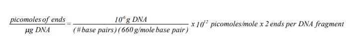 picomoles-formula Formula to calculate the concentration of ends (in picomoles) to be ligated per mg of DNA fragments.