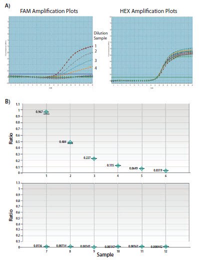 Evaluation of primer/probe set in Droplet Digital™ PCR assay and qPCR for rare event detection. A mutation-specific probe was prepared carrying the fluorescent dye FAM and the probe for unmodified (wild type) sequence carried the fluorophore HEX. SNP-containing template DNA was titrated into wild-type template DNA to evaluate detection of the SNP mutation when present in an abundant wild type background. SNP-containing template was reduced by half at each dilution. A) Primer/probe set was used in qPCR with mutation-titrated DNA template. B) Primer/probe set was used in single well of droplet dPCR with mutation-titrated DNA. The ratio of mutant to wild type copies is shown. Digital PCR allowed for detection when the frequency of the mutant sequence was as low as approximately 1 in 2,000, while the qPCR limit of detection was 1 to 10. The limit of detection for dPCR may be further extended by aggregating data across multiple wells in order to increase the number of partitions. Evaluation of primer/probe set in droplet digital PCR assay and qPCR for rare event detection.