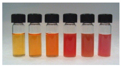 Photographic images of six size-distinguishable selenium colloids Photographic images of six size-distinguishable selenium colloids.
