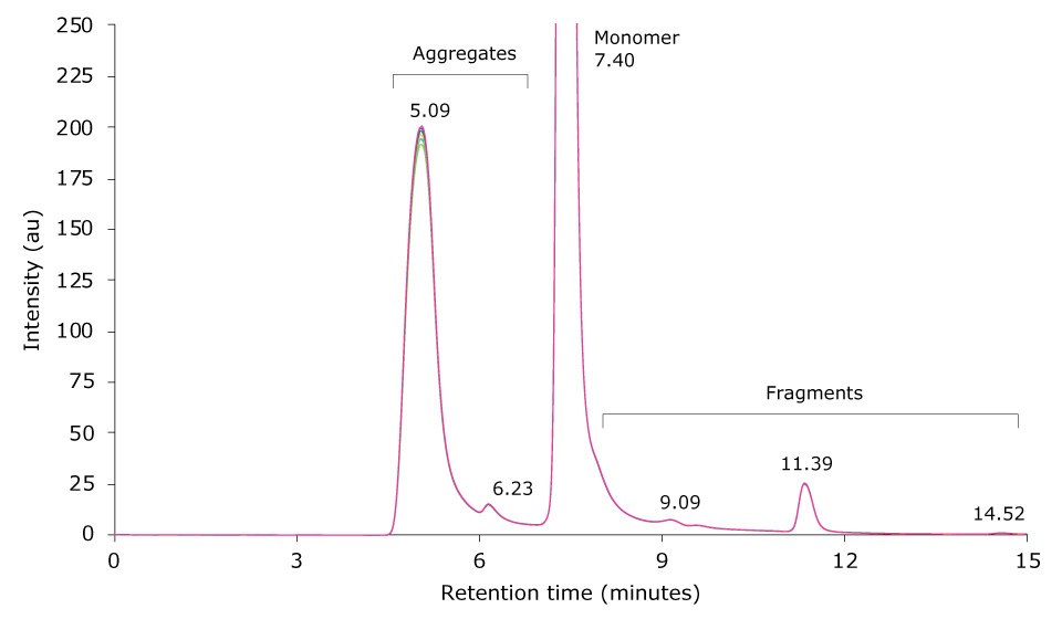 Overlay of six SEC runs zoom Overlay of SEC-UV traces of six consecutive runs of a mAb sample heat-stressed for 6 h at 60 °C zoom-in.