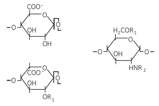 Structure of a heparin polysaccharide consisting of alternating hexuronic acid (A) and D-glucosamine residues (B). The hexuronic acid can either be D-glucuronic acid (top) or its C-5 epimer, L-iduronic acid (bottom). R1 = -H or -SO3–, R2 = -SO3– or -COCH3. Structure of a heparin polysaccharide consisting of alternating hexuronic acid