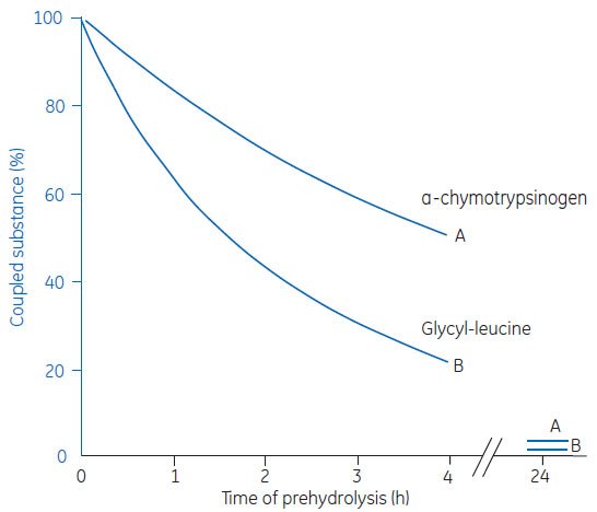 Variation of coupling activity with time of pre-hydrolysis at pH 8.3. CNBr-activated Sepharose 4B was washed at pH 3.0 and transferred to 100 mM NaHCO3, pH 8.3 for prehydrolysis. Samples were removed after different times and tested for coupling activity towards a-chymotrypsinogen (A) and glycyl-leucine (B). Variation of coupling activity with time
