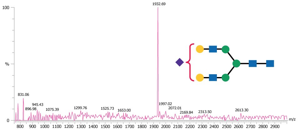 MALDI-TOF mass spectrum of A1 glycan A mass spectrometry chart with a detailed peak at 1932.69 m/z, accompanied by a complex molecular structure composed of green circles, blue squares, an orange circle, a yellow circle, and a purple diamond, connected by lines with annotations indicating specific bonds.