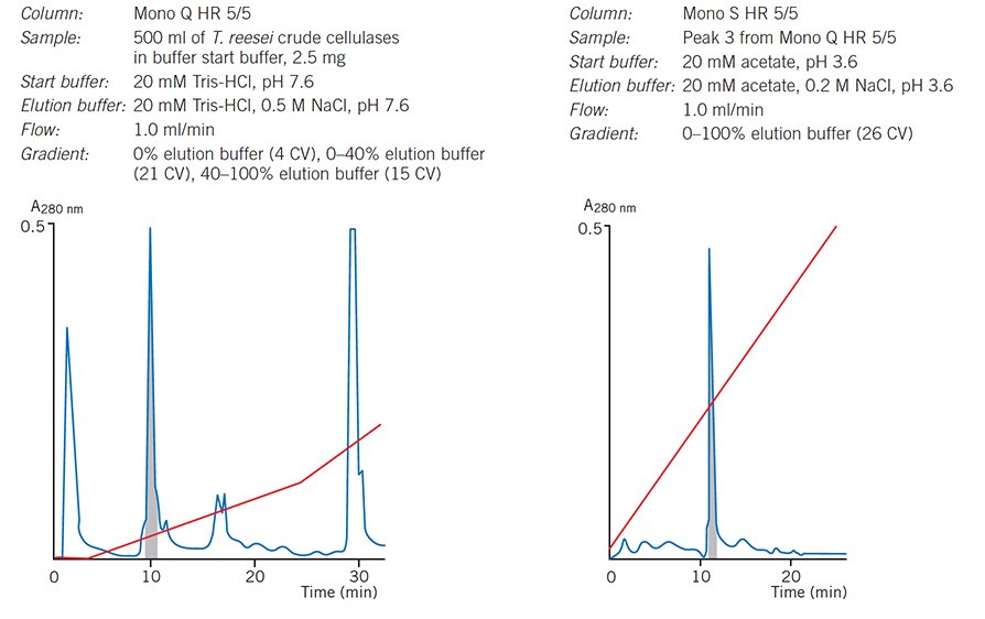 Purification of cellulose on Mono Q and Mono S HR 5/5 columns (now available as Mono Q 5/50 GL and Mono S 5/50 GL). Purification of cellulose on Mono Q and Mono S HR 5/5 columns