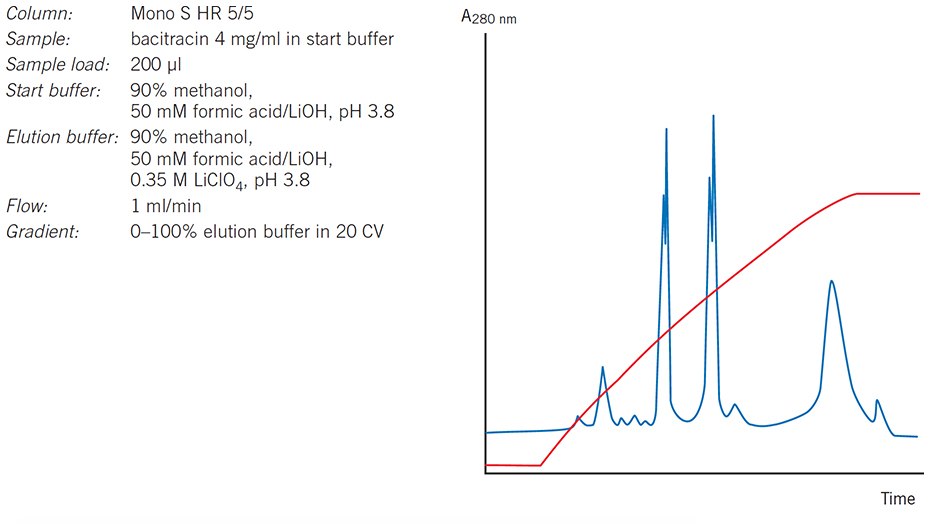Separation of the peptide bacitracin on Mono S HR 5/5 (now available as Mono S 5/50 GL). Separation of the peptide bacitracin on Mono S HR 5/5 (now available as Mono S 5/50 GL)