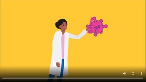 Ilustración de una persona con bata de laboratorio que está señalando un gran modelo de virus rosa