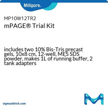 mPAGE® Trial Kit includes two 10% Bis-Tris precast gels, 10x8 cm, 12-well, MES SDS powder, makes 1L of running buffer, 2 tank adapters