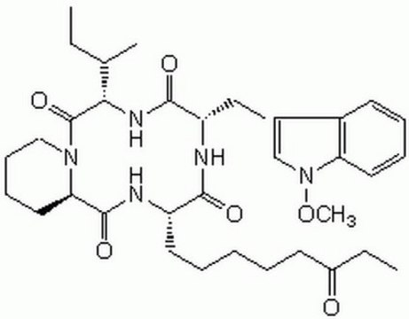 Apicidin, Fusarium sp. A potent, cell-permeable inhibitor of histone deacetylase (IC50= 700 pM for parasitic histone deactetylase) that also exibits antiprotozoal and potential anti-malarial properties.
