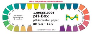 pH Box pH-indicator paper pH 0.5 - 13.0 roll L 4.8 m , with color scale, pkg of 3 rolls, pH range 0.5-5.0(ACILIT™), pH range 5.5-9.0(NEUTRALIT™), pH range 9.5-13.0(ALKALIT™), MQuant®