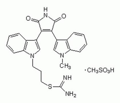 Ro-31-8220 A cell-permeable, reversible, competitive, and selective inhibitor of protein kinase C (PKC; IC50 = 10 nM) over CaM kinase II (IC50 = 17 &#181;M) and protein kinase A (IC50 = 900 nM).